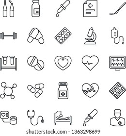 Thin Line Icon Set - heart vector, pulse, monitor, diagnosis, molecule, stethoscope, blood pressure, test vial, dropper, microscope, pills, bottle, blister, ampoule, scalpel, barbell, hospital bed
