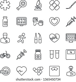 Thin Line Icon Set - heart vector, pulse, monitor, syringe, blood pressure, test vial, diagnostic, microscope, scales, pills, bottle, ampoule, scalpel, patch, tomography, ambulance star, bike, run
