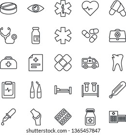 Thin Line Icon Set - heart pulse vector, doctor case, diagnosis, stethoscope, blood test vial, dropper, thermometer, pills, bottle, blister, ampoule, patch, ambulance star, car, hospital bed, caries