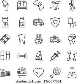 Thin Line Icon Set - heart pulse vector, molecule, syringe, blood test vial, dropper, diagnostic, microscope, pills bottle, blister, ampoule, tomography, ambulance car, barbell, shield, hand, real