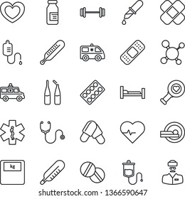 Thin Line Icon Set - heart vector, pulse, molecule, stethoscope, dropper, thermometer, diagnostic, scales, pills, blister, ampoule, patch, tomography, ambulance star, car, barbell, hospital bed