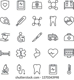 Thin Line Icon Set - heart pulse vector, monitor, doctor case, molecule, blood test vial, dropper, thermometer, diagnostic, microscope, scalpel, ambulance star, car, shield, hospital bed, disabled