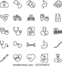 Thin Line Icon Set - heart pulse vector, doctor case, diagnosis, stethoscope, blood pressure, pills, ampoule, scalpel, tomography, ambulance car, hospital bed, stomach, broken bone