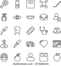 Thin Line Icon Set - heart vector, stethoscope, dropper, diagnostic, scales, ampoule, scalpel, patch, tomography, ambulance car, hand, caries, eye, medical calendar, doctor, patient, virus, molecule