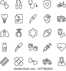 Thin Line Icon Set - heart pulse vector, diagnosis, stethoscope, syringe, blood pressure, dropper, pills blister, ampoule, patch, ambulance star, car, bike, shield, lungs, real, implant, joint