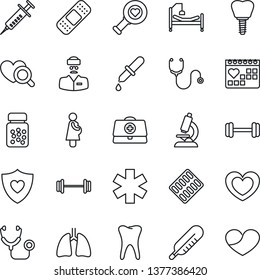 Thin Line Icon Set - heart vector, doctor case, stethoscope, syringe, dropper, thermometer, diagnostic, microscope, pills bottle, blister, patch, ambulance star, barbell, shield, hospital bed, lungs