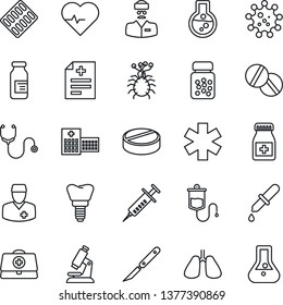 Thin Line Icon Set - heart pulse vector, doctor case, diagnosis, stethoscope, syringe, dropper, microscope, pills, bottle, blister, ampoule, scalpel, ambulance star, lungs, implant, hospital, virus