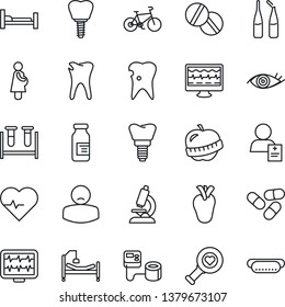 Thin Line Icon Set - heart pulse vector, monitor, blood pressure, test vial, diagnostic, microscope, pills, ampoule, bike, hospital bed, real, caries, implant, eye, diet, patient, pregnancy, hot dog