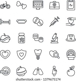 Thin Line Icon Set - heart vector, monitor pulse, doctor case, syringe, blood pressure, diagnostic, microscope, pills, bottle, tomography, bike, shield, hospital bed, hand, lungs, implant, clipboard