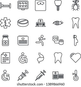 Thin Line Icon Set - heart vector, monitor pulse, diagnosis, syringe, blood pressure, scales, pills, bottle, ambulance star, run, hospital bed, disabled, stomach, tooth, implant, eye, pregnancy