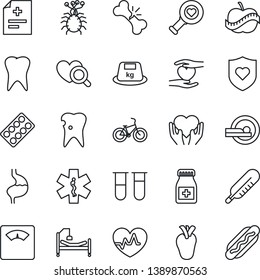 Thin Line Icon Set - heart pulse vector, diagnosis, blood test vial, thermometer, diagnostic, scales, pills bottle, blister, tomography, ambulance star, bike, shield, hospital bed, hand, stomach