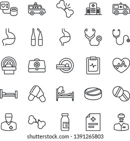 Thin Line Icon Set - heart pulse vector, doctor case, diagnosis, stethoscope, blood pressure, pills, ampoule, tomography, ambulance car, hospital bed, stomach, broken bone, clipboard