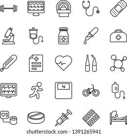 Thin Line Icon Set - heart pulse vector, monitor, doctor case, diagnosis, molecule, stethoscope, syringe, blood pressure, dropper, thermometer, microscope, scales, pills, bottle, blister, ampoule