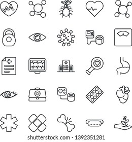 Thin Line Icon Set - heart pulse vector, monitor, doctor case, diagnosis, molecule, blood pressure, diagnostic, scales, pills blister, patch, ambulance star, stomach, real, eye, broken bone, virus