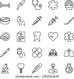 Thin Line Icon Set - heart pulse vector, diagnosis, stethoscope, syringe, dropper, thermometer, microscope, pills, scalpel, patch, tomography, ambulance star, hospital bed, lungs, caries, implant