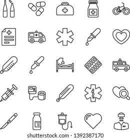 Thin Line Icon Set - heart vector, doctor case, diagnosis, syringe, blood pressure, dropper, thermometer, diagnostic, pills, bottle, blister, ampoule, scalpel, ambulance star, car, bike