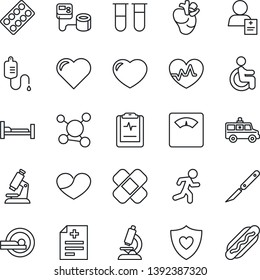 Thin Line Icon Set - heart vector, pulse, diagnosis, blood pressure, test vial, dropper, microscope, scales, pills blister, scalpel, patch, tomography, ambulance car, run, shield, hospital bed, real