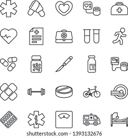 Thin Line Icon Set - heart vector, pulse, doctor case, diagnosis, blood pressure, test vial, scales, pills, bottle, blister, ampoule, scalpel, patch, tomography, ambulance star, car, barbell, bike