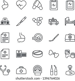Thin Line Icon Set - heart pulse vector, doctor case, diagnosis, stethoscope, blood pressure, pills, ampoule, scalpel, tomography, ambulance car, hospital bed, stomach, broken bone, clipboard