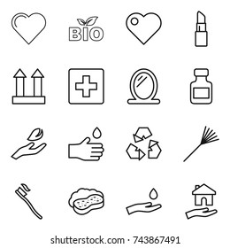 thin line icon set : heart, bio, lipstick, cargo top sign, first aid, mirror, pills bottle, hand leaf, drop, recycling, rake, tooth brush, sponge with foam, and, housing