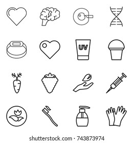 thin line icon set : heart, brain, cell corection, dna, smart bracelet, uv cream, bucket, carrot, berry, hand leaf, syringe, ecology, tooth brush, liquid soap, gloves