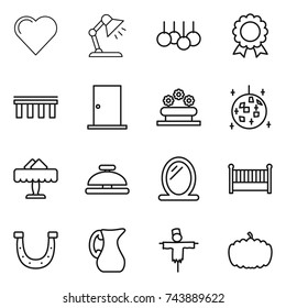 thin line icon set : heart, table lamp, sale, medal, bridge, door, flower bed, disco ball, restaurant, service bell, mirror, crib, horseshoe, jug, scarecrow, pumpkin