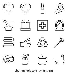 thin line icon set : heart, lipstick, real estate, sun potection, cargo top sign, first aid, mirror, towel, hand drop, recycling, rake, sponge with foam, liquid soap, hanger, bath
