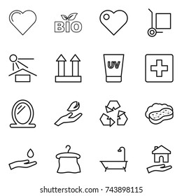thin line icon set : heart, bio, cargo stoller, sun potection, top sign, uv cream, first aid, mirror, hand leaf, recycling, sponge with foam, and drop, hanger, bath, housing