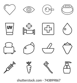thin line icon set : heart, eye, cell corection, smart bracelet, uv cream, hospital, first aid, drop, toaster, lemon, mortar, berry, syringe, carrot, tooth brush, liquid soap