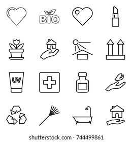 thin line icon set : heart, bio, lipstick, flower, real estate, sun potection, cargo top sign, uv cream, first aid, pills bottle, hand leaf, recycling, rake, bath, housing