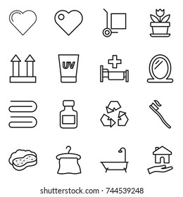 thin line icon set : heart, cargo stoller, flower, top sign, uv cream, hospital, mirror, towel, pills bottle, recycling, tooth brush, sponge with foam, hanger, bath, housing