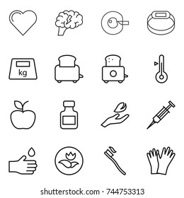 thin line icon set : heart, brain, cell corection, smart bracelet, heavy, toaster, thermometer, apple, pills bottle, hand leaf, syringe, drop, ecology, tooth brush, gloves