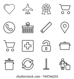 thin line icon set : heart, plane, medal, cart, phone, university, ruler, geo pin, first aid, unlocked, pan, reload, rake, garbage bin