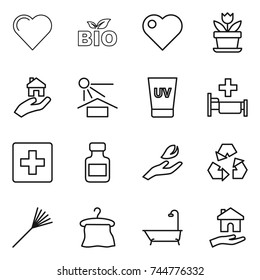 thin line icon set : heart, bio, flower, real estate, sun potection, uv cream, hospital, first aid, pills bottle, hand leaf, recycling, rake, hanger, bath, housing