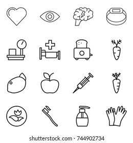 thin line icon set : heart, eye, brain, smart bracelet, warehouse scales, hospital, toaster, carrot, lemon, apple, syringe, ecology, tooth brush, liquid soap, gloves