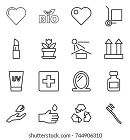 thin line icon set : heart, bio, cargo stoller, lipstick, flower, sun potection, top sign, uv cream, first aid, mirror, pills bottle, hand leaf, drop, recycling, tooth brush