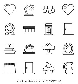 thin line icon set : heart, table lamp, sale, medal, bridge, building, door, fountain, flower bed, restaurant, mirror, curtain, cupcake, jug