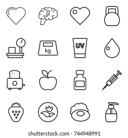 thin line icon set : heart, brain, heavy, warehouse scales, uv cream, drop, toaster, apple, pills bottle, syringe, strawberry, ecology, soap, liquid