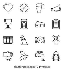 thin line icon set : heart, lightning, virtual mask, loudspeaker, wineglass, building, house with garage, clipboard, wardrobe, stands for knives, fork spoon plate, windmill, sow, wasp, water tap