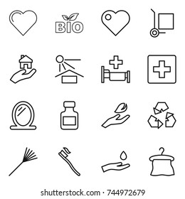 thin line icon set : heart, bio, cargo stoller, real estate, sun potection, hospital, first aid, mirror, pills bottle, hand leaf, recycling, rake, tooth brush, and drop, hanger