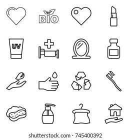 thin line icon set : heart, bio, lipstick, uv cream, hospital, mirror, pills bottle, hand leaf, drop, recycling, tooth brush, sponge with foam, liquid soap, hanger, housing