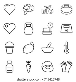 thin line icon set : heart, brain, bio, smart bracelet, heavy, warehouse scales, bucket, lemon, mortar, thermometer, pills bottle, carrot, soap, gloves