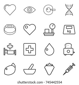 thin line icon set : heart, eye, cell corection, dna, smart bracelet, warehouse scales, heavy, hospital, first aid, drop, toaster, lemon, mortar, berry, syringe