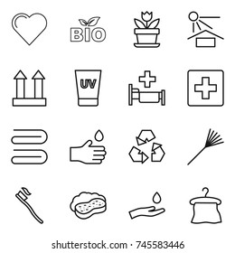 thin line icon set : heart, bio, flower, sun potection, cargo top sign, uv cream, hospital, first aid, towel, hand drop, recycling, rake, tooth brush, sponge with foam, and, hanger