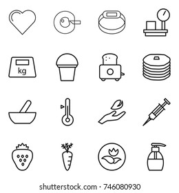 thin line icon set : heart, cell corection, smart bracelet, warehouse scales, heavy, bucket, toaster, pancakes, mortar, thermometer, hand leaf, syringe, strawberry, carrot, ecology, liquid soap