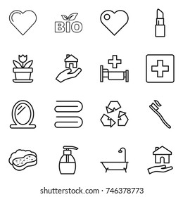 thin line icon set : heart, bio, lipstick, flower, real estate, hospital, first aid, mirror, towel, recycling, tooth brush, sponge with foam, liquid soap, bath, housing