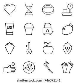 thin line icon set : heart, dna, smart bracelet, warehouse scales, uv cream, bucket, toaster, lemon, berry, thermometer, apple, strawberry, hand drop, ecology, tooth brush, gloves