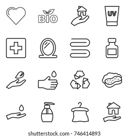 thin line icon set : heart, bio, real estate, uv cream, first aid, mirror, towel, pills bottle, hand leaf, drop, recycling, sponge with foam, and, liquid soap, hanger, housing