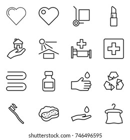 thin line icon set : heart, cargo stoller, lipstick, real estate, sun potection, hospital, first aid, towel, pills bottle, hand drop, recycling, tooth brush, sponge with foam, and, hanger