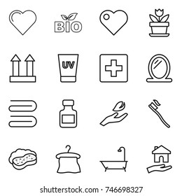 thin line icon set : heart, bio, flower, cargo top sign, uv cream, first aid, mirror, towel, pills bottle, hand leaf, tooth brush, sponge with foam, hanger, bath, housing